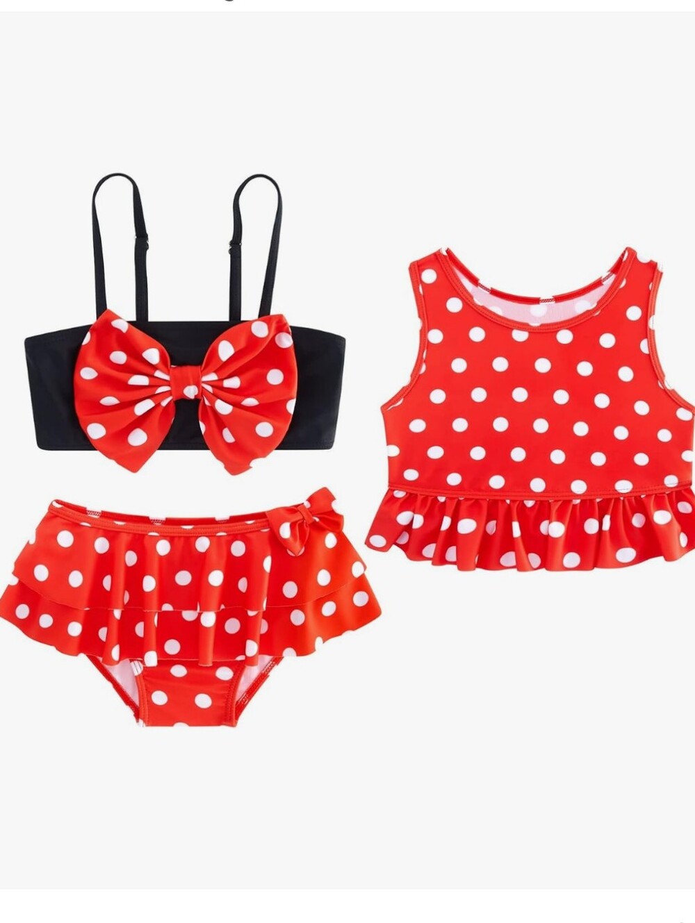 Red Polka Dot 3-Piece Girls Bikini Set with Black Bow